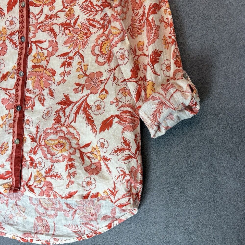 Rachel Zoe Size Large 100% Linen Floral Button Front Blouse Roll Tab Lagenlook - Picture 3 of 8